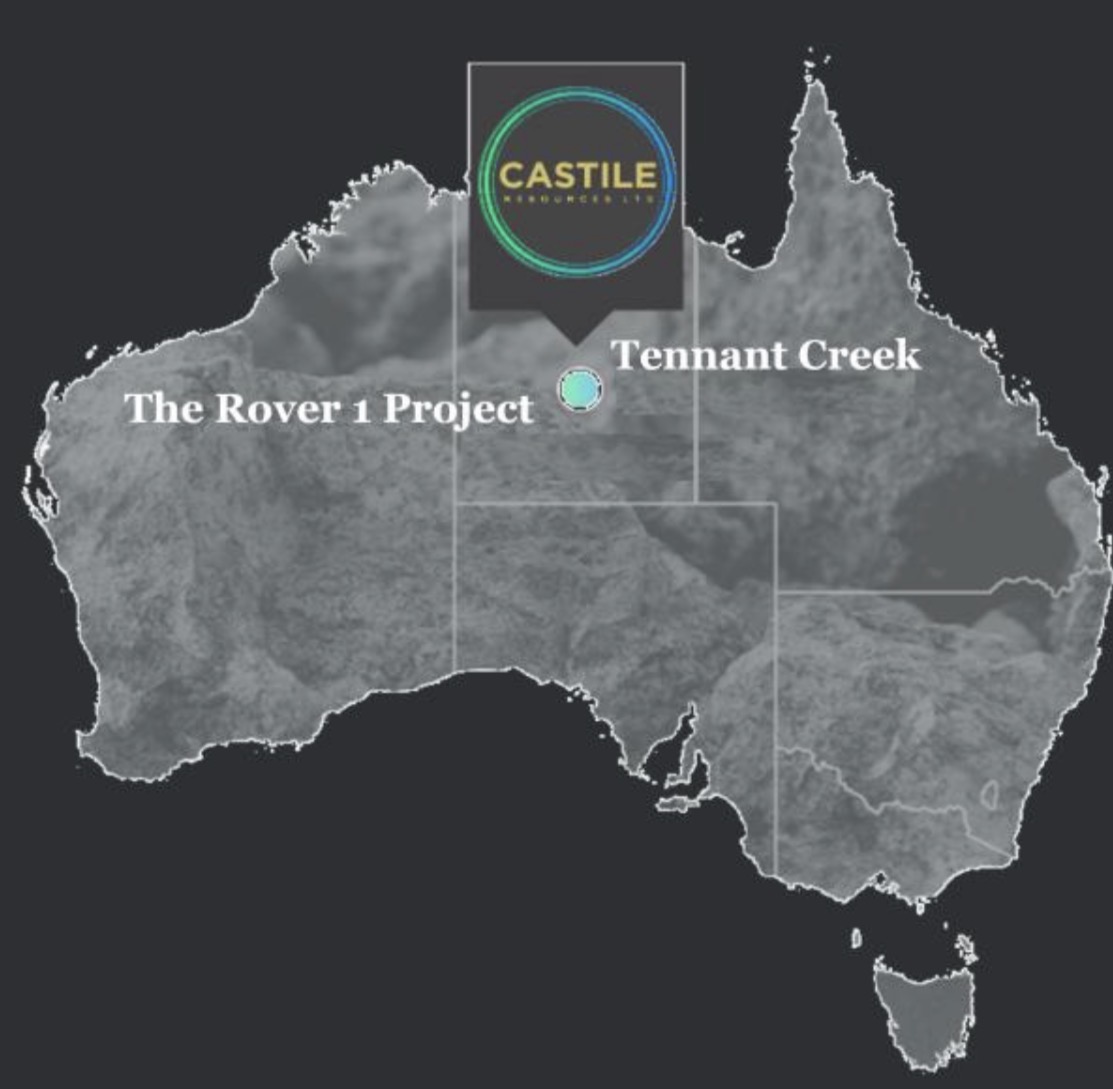 Map of Australia marking the Rover 1 Project near Tennant Creek in the Northern Territory with a Castile Resources pin.